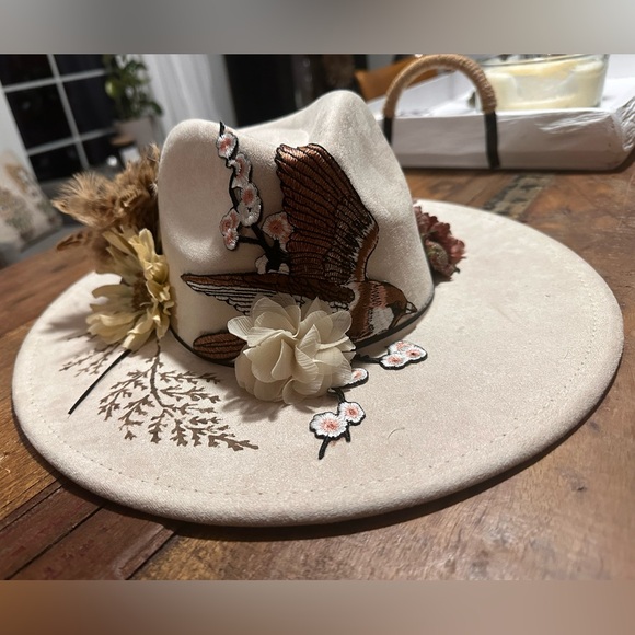 Custom Designed Cream Cowgirl Hat with Floral and Bird Designs